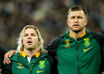 Faf DE KLERK of South Africa and Handre POLLARD of South Africa during the Rugby World Cup Semi-final match between England and South Africa at Stade de France on October 21, 2023 in Paris, France. (Photo by Hugo Pfeiffer/Icon Sport)