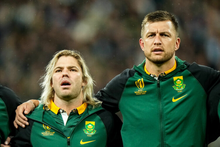 Faf DE KLERK of South Africa and Handre POLLARD of South Africa during the Rugby World Cup Semi-final match between England and South Africa at Stade de France on October 21, 2023 in Paris, France. (Photo by Hugo Pfeiffer/Icon Sport)