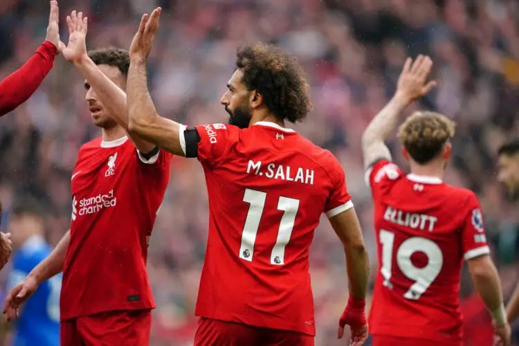 Liverpool's Mohamed Salah celebrates after scoring their side's second goal of the game during the Premier League match at Anfield, Liverpool. Picture date: Saturday October 21, 2023. - Photo by Icon sport