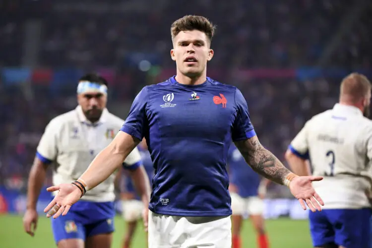Matthieu JALIBERT  OF FRANCE celebrate during the 2023 Rugby World Cup Pool A match between France and Italy at Groupama Stadium on October 6, 2023 in Lyon, France. (Photo by Anthony Bibard/FEP/Icon Sport)
