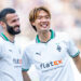 30 September 2023, North Rhine-Westphalia, Bochum: Soccer: Bundesliga, VfL Bochum - Bor. Mnchengladbach, Matchday 6, Vonovia Ruhrstadion: Gladbach's Franck Honorat (l.) and Gladbach's Ko Itakura share a laugh. Photo: David Inderlied/dpa - IMPORTANT NOTE: In accordance with the requirements of the DFL Deutsche Fuball Liga and the DFB Deutscher Fuball-Bund, it is prohibited to use or have used photographs taken in the stadium and/or of the match in the form of sequence pictures and/or video-like photo series.   - Photo by Icon sport