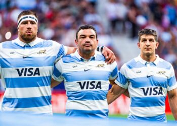 Tomas Cubelli (Argentina), Agustin Creevy (Argentina) and Eduardo Bello (Argentina) during the national anathem before the rugby match between Spain and Argentina (los Pumas) played at Estadio Civitas Metropolitano on August 26, 2023 in Madrid, Spain Photo by Icon Sport