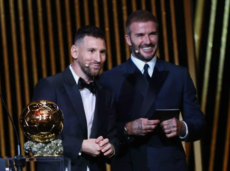 Lionel Messi et David Beckham durant la cérémonie du Ballon d'or 2023. - Photo by Icon sport.
