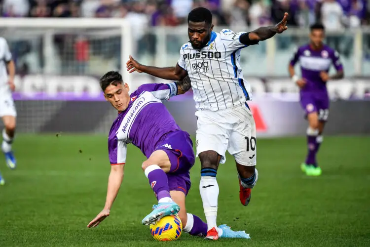 Lucas Martinez Quarta of ACF Fiorentina and Jeremie Boga of Atalanta BC compete for the ball during the Serie A 2021/2022 football match between ACF Fiorentina and Atalanta BC at Artemio Franchi stadium in Florence (Italy), February 20th, 2022. Photo Andrea Staccioli / Insidefoto/Sipa USA No Sales in Italy - Photo by Icon sport
