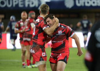 team of Oyonnax celebrates the victory during Top 14 match between Montpellier Hérault Rugby and Oyonnax at GGL Stadium on November 25, 2023 in Montpellier, France. (Photo by Alexpress/Icon Sport)