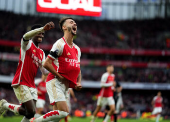 Arsenal's Fabio Vieira celebrates scoring his sides fourth goal from the penalty spot during the Premier League match at the Emirates Stadium, London. Picture date: Saturday October 28, 2023. - Photo by Icon sport