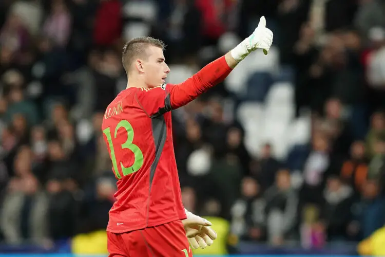 Real Madrid CF's Andriy Lunin celebrates the victory in the Champions League 2023/2024, Group C, match 4. Madrid, Spain, November 8, 2023. Photo by Acero/AlterPhotos/ABACAPRESS.COM - Photo by Icon sport