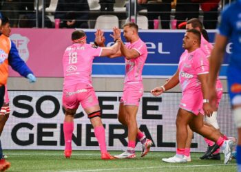 Jeremy WARD of Stade Francais celebrates his try during the Top 14 match between Stade Francais Paris and Castres Olympique at Stade Jean-Bouin on November 4, 2023 in Paris, France. (Photo by Anthony Dibon/Icon Sport)