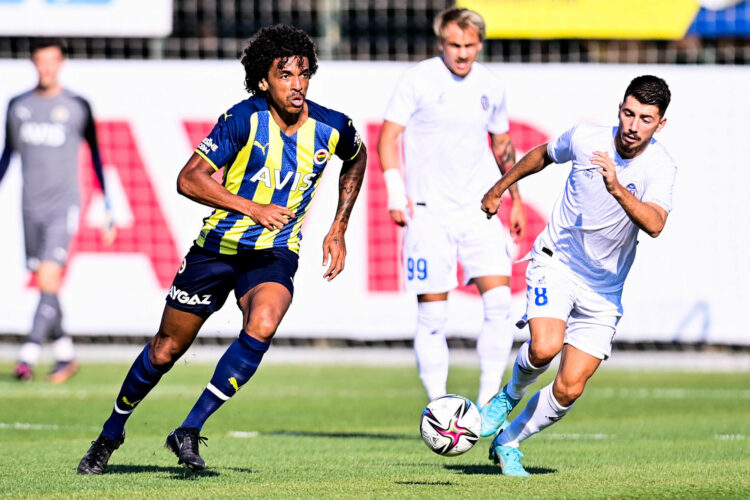 Luiz Gustavo (L) of Fenerbahce and Ennur Totre (8) of FK Tirana during the Friendly match between Fenerbahce nd FK Tirana at Can Bartu Stadium in Istanbul , Turkey on June 25 , 2022. - Photo by Icon sport