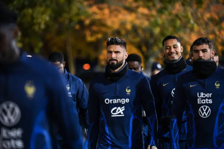 Olivier GIROUD of France and Theo HERNANDEZ of France during the French Players a training session at Centre National du Football on November 14, 2023 in Clairefontaine, France. (Photo by Sandra Ruhaut/Icon Sport)