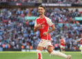 London, England, 6th August 2023. Fábio Vieira of Arsenal celebrates after he scores the winning penalty during he shootout during the The FA Community Shield match at Wembley Stadium, London. Picture credit should read: Paul Terry / Sportimage - Photo by Icon sport