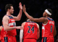 Nov 12, 2023; Brooklyn, New York, USA; Washington Wizards forward Danilo Gallinari (88) high fives guard Bilal Coulibaly (0) during the second half against the Brooklyn Nets at Barclays Center. Mandatory Credit: Vincent Carchietta-USA TODAY Sports/Sipa USA - Photo by Icon sport