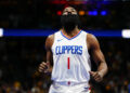 Nov 14, 2023; Denver, Colorado, USA; LA Clippers guard James Harden (1) during the first quarter against the Denver Nuggets at Ball Arena. Mandatory Credit: Ron Chenoy-USA TODAY Sports/Sipa USA - Photo by Icon sport