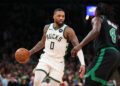 Nov 22, 2023; Boston, Massachusetts, USA; Milwaukee Bucks guard Damian Lillard (0) dribbles down the court during the second half against the Boston Celtics at TD Garden. Mandatory Credit: Paul Rutherford-USA TODAY Sports/Sipa USA - Photo by Icon sport