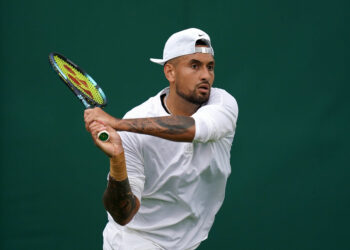 Nick Kyrgios practices at the All England Lawn Tennis and Croquet Club in Wimbledon, ahead of the championships which start on Monday. Picture date: Saturday July 1, 2023. - Photo by Icon sport