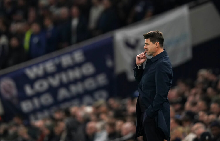 Chelsea manager Mauricio Pochettino, with a Tottenham Hotspur fan banner saying 'We're loving Big Ange' in the background, during the Premier League match at the Tottenham Hotspur Stadium, London. Picture date: Saturday November 4, 2023. - Photo by Icon sport