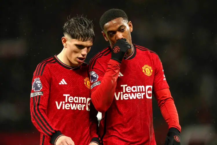 Manchester United's Anthony Martial (right) and Alejandro Garnacho at the end of the first half during the Premier League match at Old Trafford, Manchester. Picture date: Saturday December 9, 2023. - Photo by Icon sport