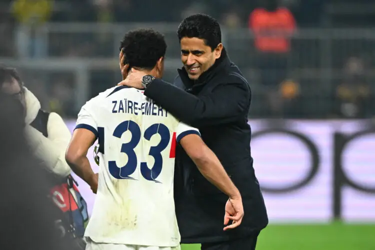Nasser AL KHELAIFI president of PSG and Warren ZAIRE EMERY of PSG during the UEFA Champions League Group F match between Borussia Dortmund and Paris Saint-Germain Football Club at Signal Iduna Park on December 13, 2023 in Dortmund, Germany. (Photo by Anthony Dibon/Icon Sport)