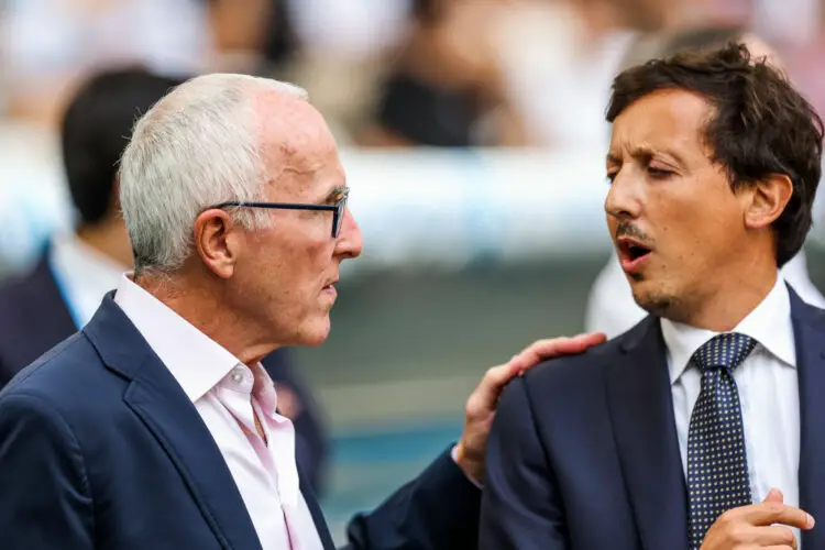 Frank MCCOURT owner and Pablo LONGORIA president of Marseille prior the Ligue 1 Uber Eats match between Marseille and Reims at Orange Velodrome on August 12, 2023 in Marseille, France. (Photo by Johnny Fidelin/Icon Sport)
