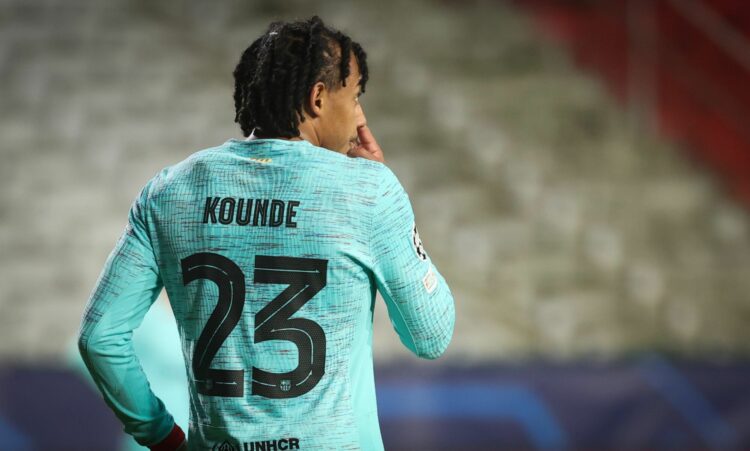 Barcelona's Jules Kounde looks dejected during a game between Belgian soccer team Royal Antwerp FC and Spanish club FC Barcelona, in Antwerp, on Wednesday 13 December 2023, day six of the Champions League group stage, in group H. BELGA PHOTO VIRGINIE LEFOUR   - Photo by Icon sport