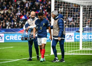 Warren ZAIRE-EMERY of France leave the pitch injured during the UEFA Euro 2024, qualifications match between France and Gibraltar at Allianz Riviera on November 18, 2023 in Nice, France. (Photo by Anthony Dibon/Icon Sport)