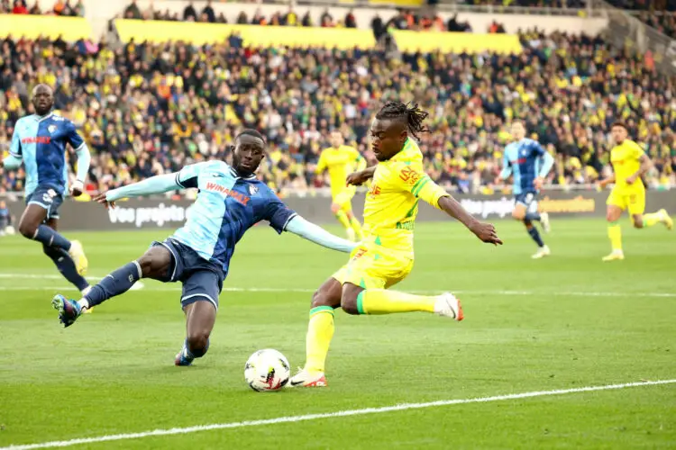 93 Arouna SANGANTE (hac) - 27 Moses SIMON (fcn) during the Ligue 1 Uber Eats match between Football Club de Nantes and Havre Athletic Club at Stade de la Beaujoire on November 26, 2023 in Nantes, France. (Photo by Gwendoline Le Goff/FEP/Icon Sport)