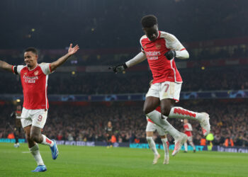 London, England, 29th November 2023. Bukayo Saka of Arsenal celebrates after scoring to make it 3-0 during the UEFA Champions League match at the Emirates Stadium, London. Picture credit should read: Paul Terry / Sportimage - Photo by Icon sport