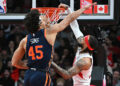 Jan 22, 2023; Toronto, Ontario, CAN; Toronto Raptors guard Gary Trent Jr. (33) dunks for a basket against New York Knicks guard Jericho Sims (45) in the first half at Scotiabank Arena. Mandatory Credit: Dan Hamilton-USA TODAY Sports/Sipa USA - Photo by Icon sport
