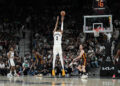 Nov 30, 2023; San Antonio, Texas, USA; San Antonio Spurs center Victor Wembanyama (1) shoots over Atlanta Hawks guard Garrison Mathews (25) in the second half at the Frost Bank Center. Mandatory Credit: Daniel Dunn-USA TODAY Sports/Sipa USA - Photo by Icon sport