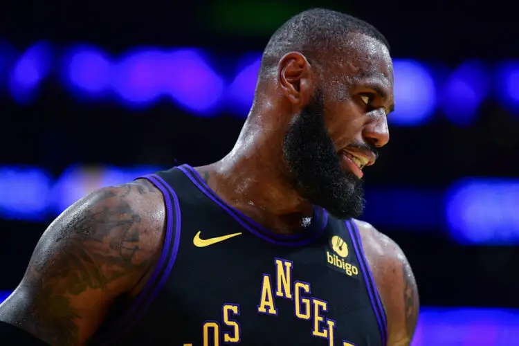Dec 5, 2023; Los Angeles, California, USA; Los Angeles Lakers forward LeBron James (23) reacts against the Phoenix Suns during the second half of the In Season Tournament quarterfinal at Crypto.com Arena. Mandatory Credit: Gary A. Vasquez-USA TODAY Sports/Sipa USA - Photo by Icon sport
