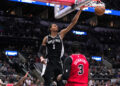 Dec 8, 2023; San Antonio, Texas, USA; San Antonio Spurs center Victor Wembanyama (1) dunks in front of Chicago Bulls center Andre Drummond (3) in the second half at the Frost Bank Center. Mandatory Credit: Daniel Dunn-USA TODAY Sports/Sipa USA - Photo by Icon sport