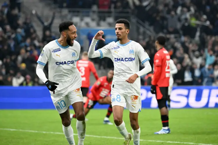 10 Pierre-Emerick AUBAMEYANG (om) - 08 Azzeddine OUNAHI (om) during the Ligue 1 Uber Eats match between Olympique de Marseille and Stade Rennais Football Club at Orange Velodrome on December 3, 2023 in Marseille, France. (Photo by Christophe Saidi/FEP/Icon Sport)