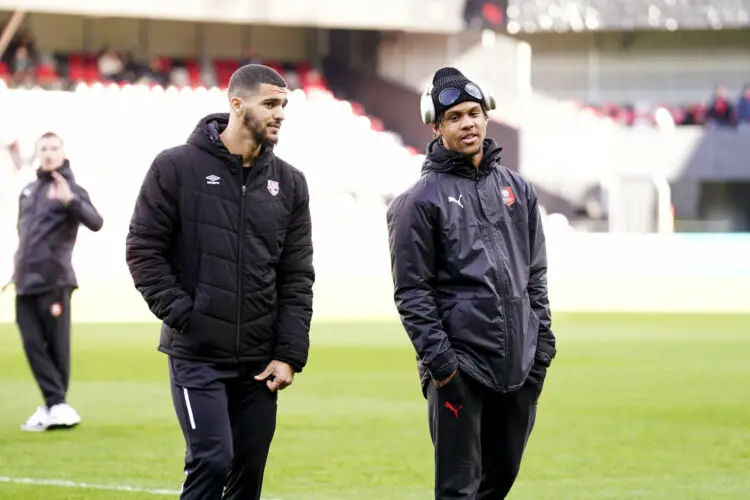 Lorenz ASSIGNON of Rennes  Sohaib NAIR of Guingamp and during the French Cup match between En Avant de Guingamp and Stade Rennais Football Club at Stade du Roudourou on January 7, 2024 in Guingamp, France. (Photo by Emma da Silva/Icon Sport)