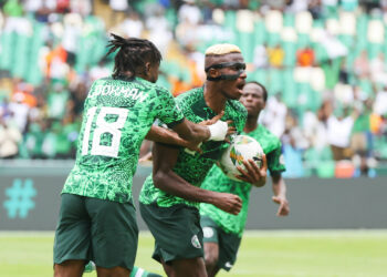 Victor James Osimhen of Nigeria heads goal celebrates goal during the 2023 Africa Cup of Nations match between Nigeria and Equatorial Guinea at the Alassane Ouattara Stadium in Abidjan, Cote dIvoire on 14 January 2024 - Photo by Icon Sport