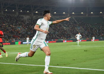 Baghdad Bounedjah of Algeria celebrates goal with teammates during the 2023 Africa Cup of Nations match between Algeria and Angola held at Peace Stadium in Bouake, Cote dIvoire on 15 January 2024 Djaffar Ladjal/Sports Inc - Photo by Icon Sport