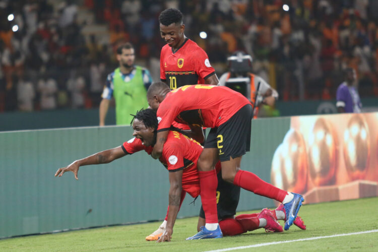 Joaquim Cristovao Paciencia of Angola celebrates goal with teammates during the 2023 Africa Cup of Nations match between Algeria and Angola held at Peace Stadium in Bouake, Cote dIvoire on 15 January 2024 Djaffar Ladjal/Sports Inc - Photo by Icon Sport