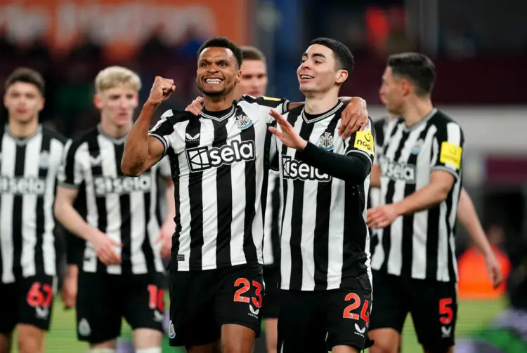 Newcastle United's Jacob Murphy (centre left) celebrates with Miguel Almiron (centre right) after his shot went in off Aston Villa's Alex Moreno for his sides third goal of the game during the Premier League match at Villa Park, Birmingham. Picture date: Tuesday January 30, 2024. - Photo by Icon Sport
