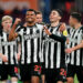 Newcastle United's Jacob Murphy (centre left) celebrates with Miguel Almiron (centre right) after his shot went in off Aston Villa's Alex Moreno for his sides third goal of the game during the Premier League match at Villa Park, Birmingham. Picture date: Tuesday January 30, 2024. - Photo by Icon Sport