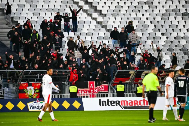 Fans of Nice the French Cup match between Football Club des Girondins de Bordeaux and Olympique Gymnaste Club Nice at Stade Matmut Atlantique on January 20, 2024 in Bordeaux, France. (Photo by Anthony Dibon/Icon Sport)