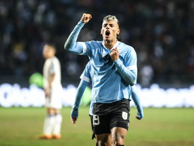 (230612) -- LA PLATA, June 12, 2023 (Xinhua) -- Luciano Rodriguez of Uruguay celebrates his goal during the FIFA U20 World Cup final match between Uruguay and Italy in La Plata, Argentina, on June 11, 2023. (Photo by Martin Zabala/Xinhua) - Photo by Icon sport