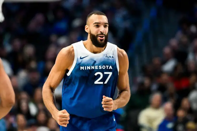 Jan 7, 2024; Dallas, Texas, USA; Minnesota Timberwolves center Rudy Gobert (27) smiles after scoring a basket over Dallas Mavericks guard Luka Doncic (not pictured) during the second quarter at the American Airlines Center. Mandatory Credit: Jerome Miron-USA TODAY Sports/Sipa USA - Photo by Icon sport