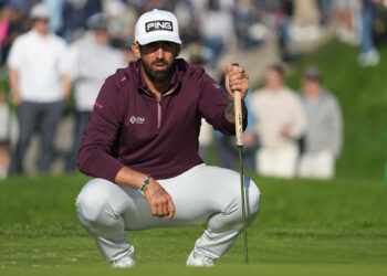 Jan 26, 2024; San Diego, California, USA; Matthieu Pavon lines up a putt on the eleventh green during the third round of the Farmers Insurance Open golf tournament at Torrey Pines Municipal Golf Course - South Course. Mandatory Credit: Ray Acevedo-USA TODAY Sports/Sipa USA - Photo by Icon Sport