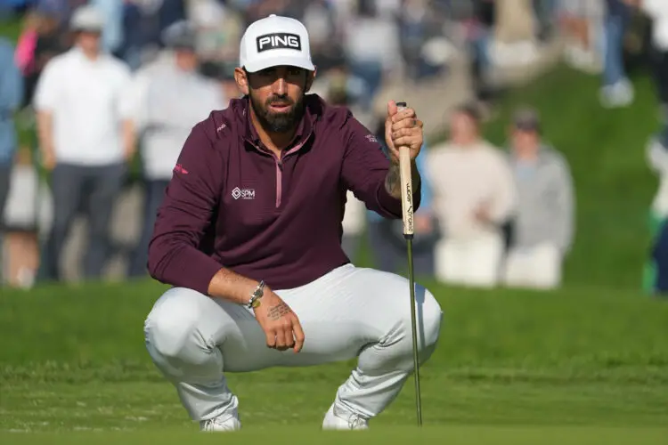 Jan 26, 2024; San Diego, California, USA; Matthieu Pavon lines up a putt on the eleventh green during the third round of the Farmers Insurance Open golf tournament at Torrey Pines Municipal Golf Course - South Course. Mandatory Credit: Ray Acevedo-USA TODAY Sports/Sipa USA - Photo by Icon Sport