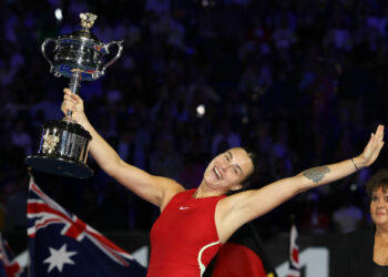 January 27, 2024: 2nd seed ARYNA SABALENKA of Belarus poses with the Daphne Akhurst Memorial Cup after winning the Womenâ€™s Singles Final match against 12th seed QINWEN ZHENG of China on day 14 of the 2024 Australian Open in Melbourne Australia. Sydney Low/Cal Sport Media/Sipa USA(Credit Image: © Sydney Low/Cal Sport Media/Sipa USA) - Photo by Icon Sport