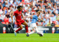 Mohamed Salah of Liverpool challenges Kevin De Bruyne of Manchester City during the Community Shield match between Liverpool and Manchester City on August 4th 2019  Photo : John Patrick Fletcher / Actionplus / Icon Sport   - Photo by Icon Sport