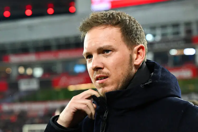 10 February 2024, North Rhine-Westphalia, Leverkusen: Soccer: Bundesliga, Bayer Leverkusen - Bayern Munich, matchday 21 in the BayArena, national coach Julian Nagelsmann before the match. IMPORTANT NOTE: In accordance with the regulations of the DFL German Football League and the DFB German Football Association, it is prohibited to use or have used photographs taken in the stadium and/or of the match in the form of sequential images and/or video-like photo series. Photo: Federico Gambarini/dpa - Photo by Icon Sport   - Photo by Icon Sport