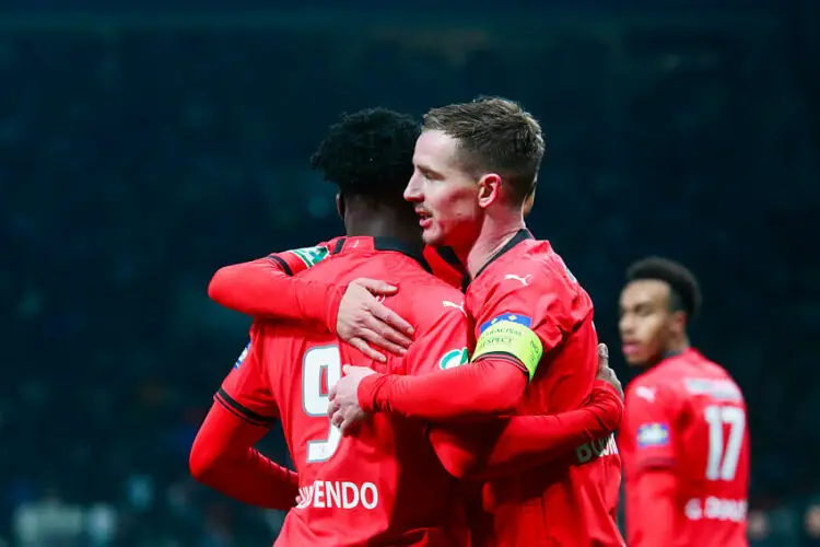 Benjamin BOURIGEAUD of Stade Rennais FC and Arnaud KALIMUENDO of Stade Rennais FC celebrates the goal during the Quarter-Final match between Le Puy and Rennes at Stade Geoffroy-Guichard on February 29, 2024 in Saint-Etienne, France. (Photo by Romain Biard/Icon Sport)  - Photo by Icon Sport