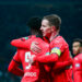 Benjamin BOURIGEAUD of Stade Rennais FC and Arnaud KALIMUENDO of Stade Rennais FC celebrates the goal during the Quarter-Final match between Le Puy and Rennes at Stade Geoffroy-Guichard on February 29, 2024 in Saint-Etienne, France. (Photo by Romain Biard/Icon Sport)  - Photo by Icon Sport