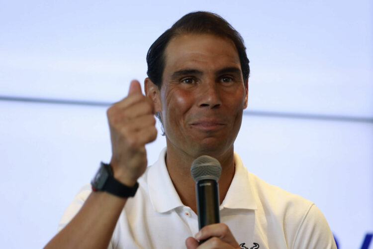 18 May 2023, Spain, Manacor: Rafael Nadal gives a press conference at his tennis academy. The 36-year-old said on Thursday that he would not be able to compete in the clay court classic at the Stade Roland Garros for the first time since his debut in 2005 due to an injury. Photo: Clara Margais/dpa - Photo by Icon sport