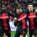 20 December 2023, North Rhine-Westphalia, Leverkusen: Soccer: Bundesliga, Bayer Leverkusen - VfL Bochum, Matchday 16, BayArena. Leverkusen's Jeremie Frimpong (l-r), goalscorer Patrik Schick and Jonas Hofmann celebrate after scoring to take a 1-0 lead. Photo: Marius Becker/dpa - IMPORTANT NOTE: In accordance with the regulations of the DFL German Football League and the DFB German Football Association, it is prohibited to utilize or have utilized photographs taken in the stadium and/or of the match in the form of sequential images and/or video-like photo series. - Photo by Icon sport